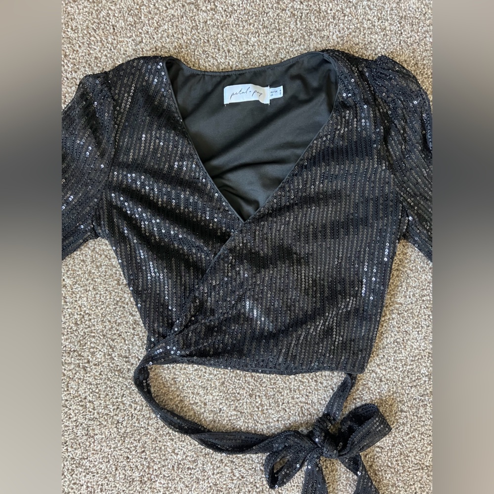 Black Sequin Halter Wrap Long Sleeve Top